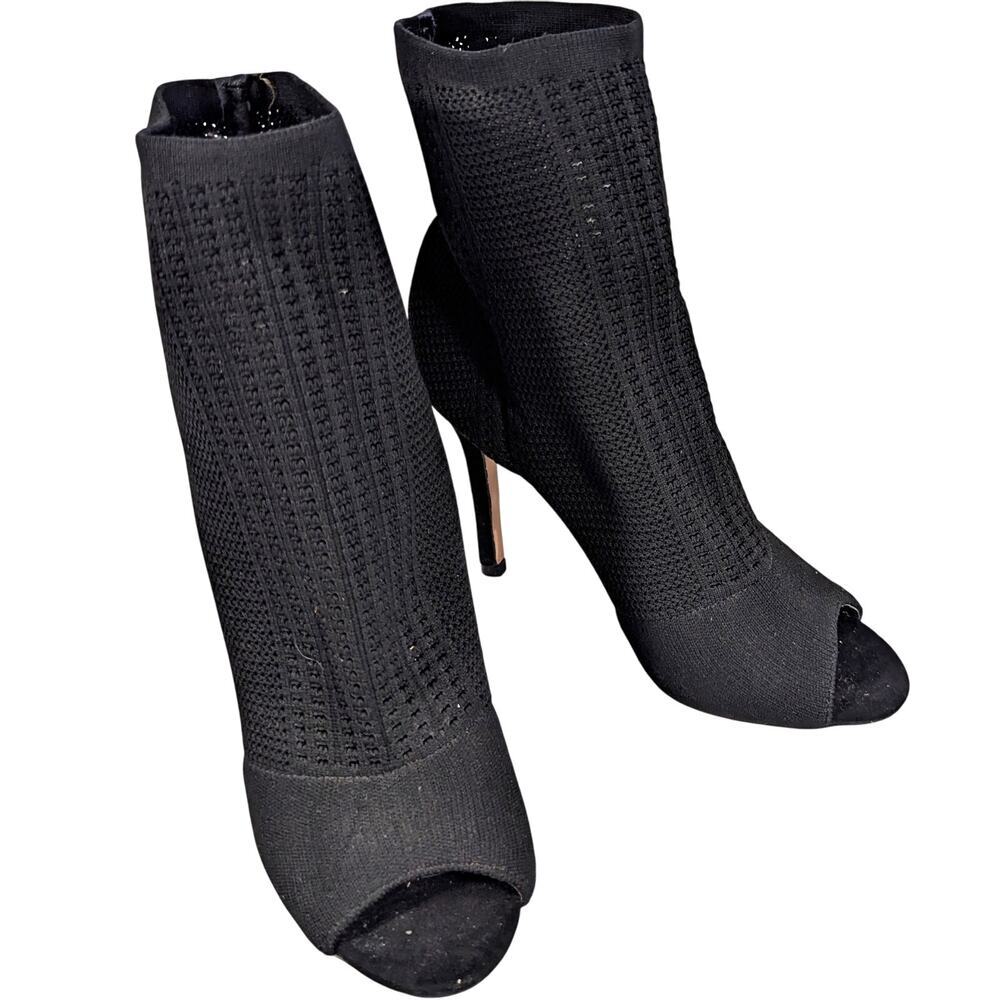 NWOT, FLAW! CATHARINE MALANDRINO! BLACK STRETCH WOVEN ANKLE BOOTIES! PEEP! SZ 8